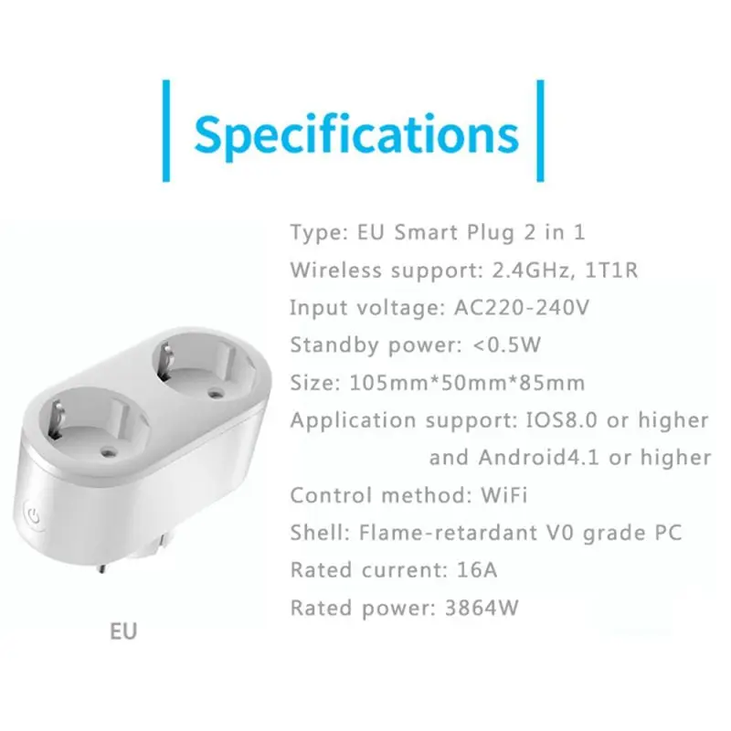 ABSK-Switch Plug Dual Socket Smart Dual Socket EU Adapter Tuya Smart Life Monitoring Power Outlets EU Plug