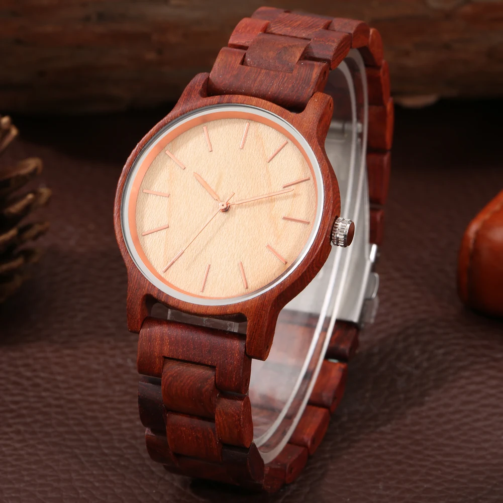 Red Wood/Maple Wood/Ebony Full Wood Quartz Men\'s Wristwatch Rose Gold Pointers Vintage Wooden Bangle Male Watches Folding Clasp