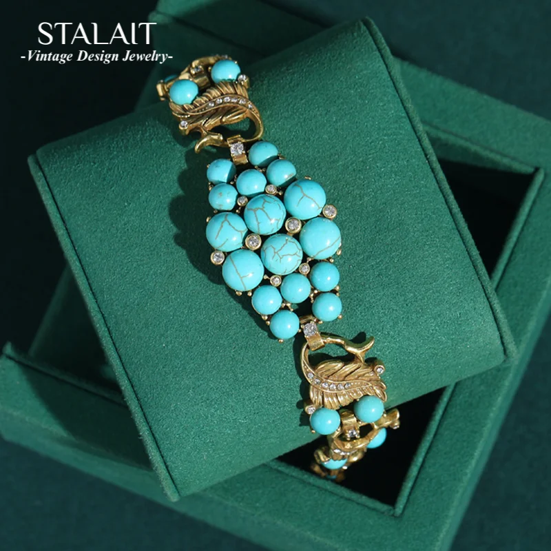

Vintage Turquoise Jewelry Leaf Charm Bracelets For Women Rhinestone Natural Stone Antique Gold Color Accessories Woman Luxury