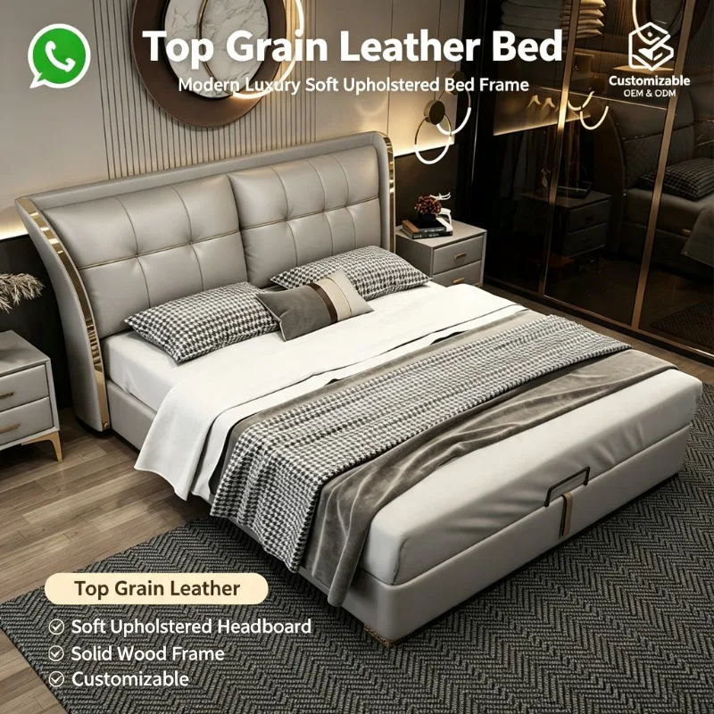 Luxury High‑Back Top‑Grain Leather Storage Bed, Gold Trim Solid Wood Upholstered Double Bed Frame for Master Bedroom