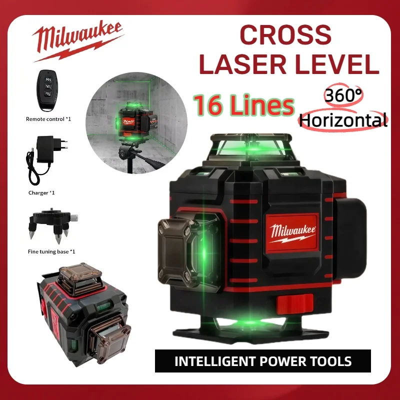 밀워키 레이저 레벨 4면*360도 수직 4.2V 3-4D 16라인 그린 빔 자동 수평 조절 수직 교차선 레이저