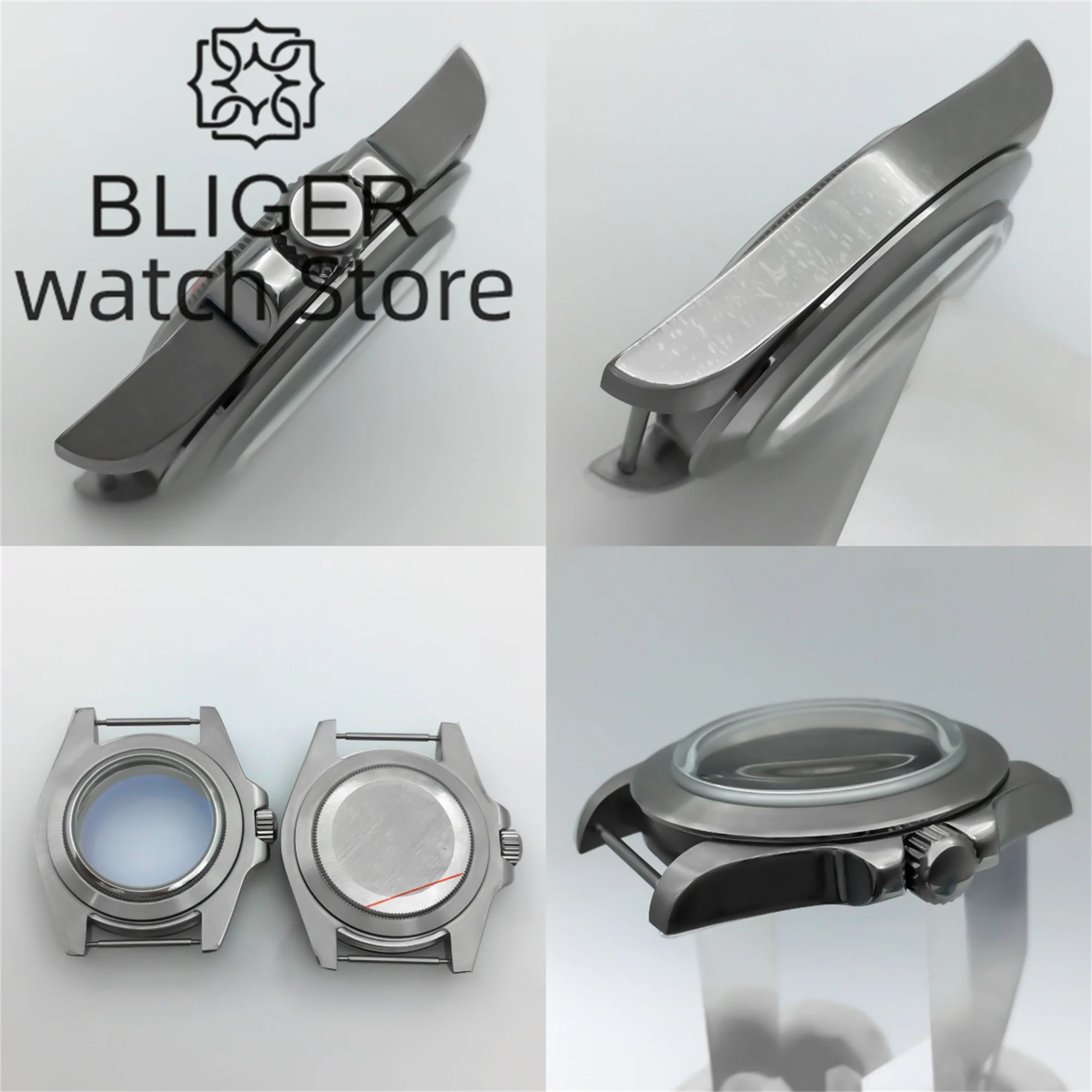 BLIGER 40 มม.สแตนเลสสตีลแปรงกรณี AR Blue Domed Glass แปรงคงที่ Slope BEZEL Fit NH34 NH35 36 ETA2824 PT5000 การเคลื่อนไหว