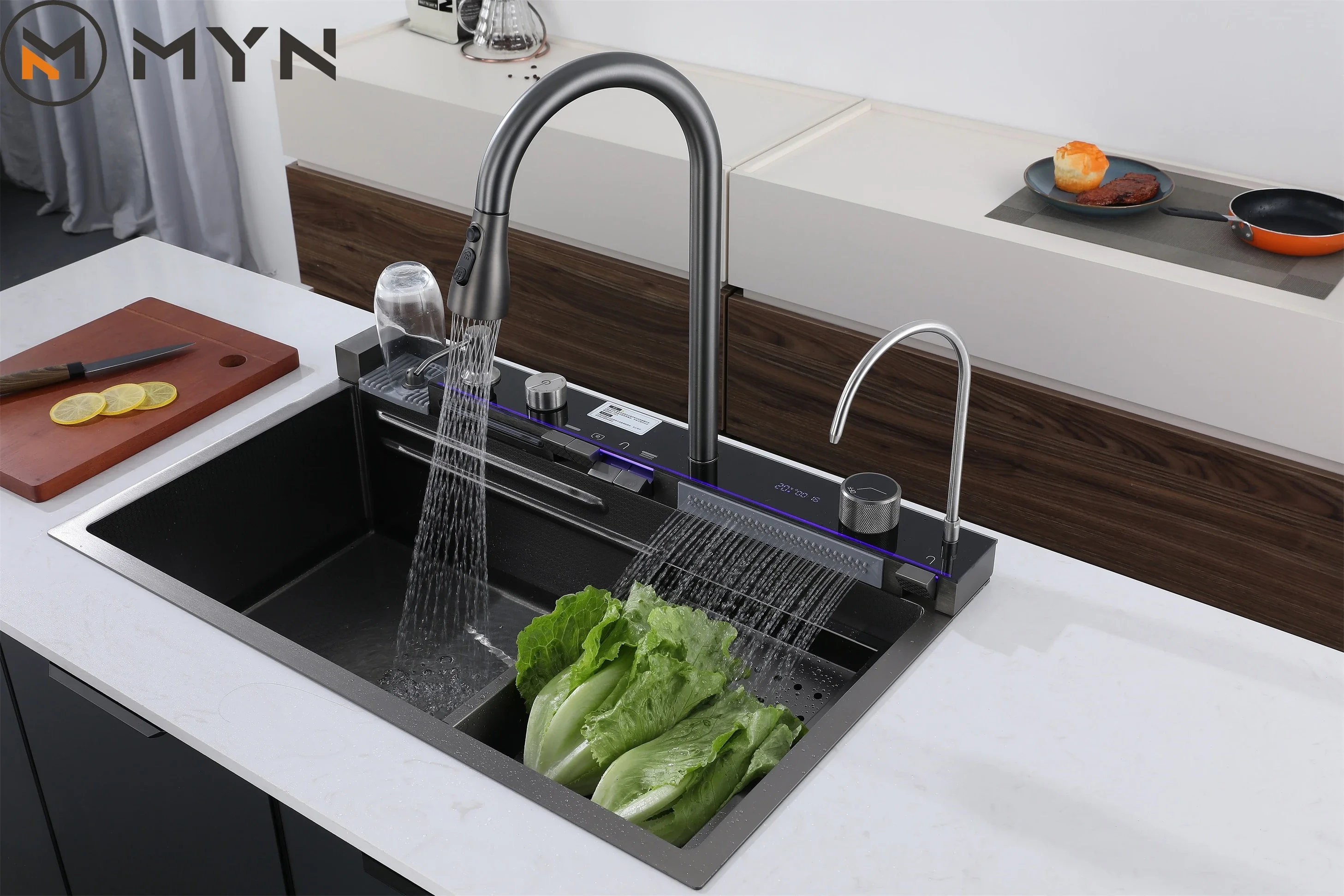 Tiktok Trend Black White Digital Display Faucet Stainless Steel Single Bowl Bionic Farmhouse Ceramic Kitchen Sink