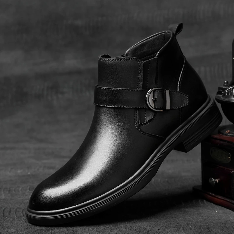 Brand Men's Genuine Leather Boots Large Size：36-48  Winter Warmth Cotton Shoes Plush Ankle Boots Business Formal Short Boots