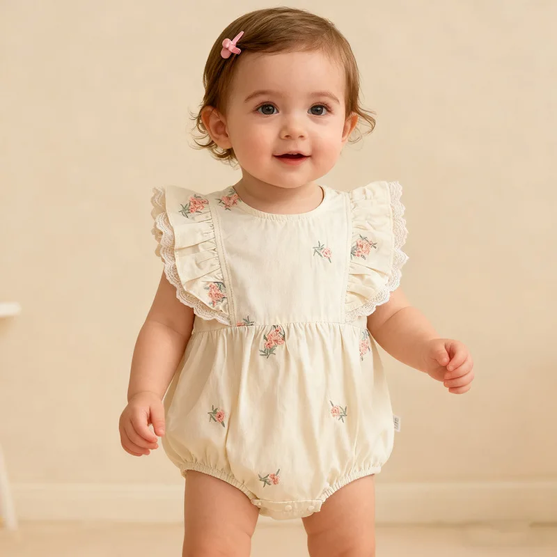 Korean Style Baby Crawling Suit Summer Thin Newborn Clothes Floral Embroidery Bottom Cover Baby Romper New Arrival Jumpsuits
