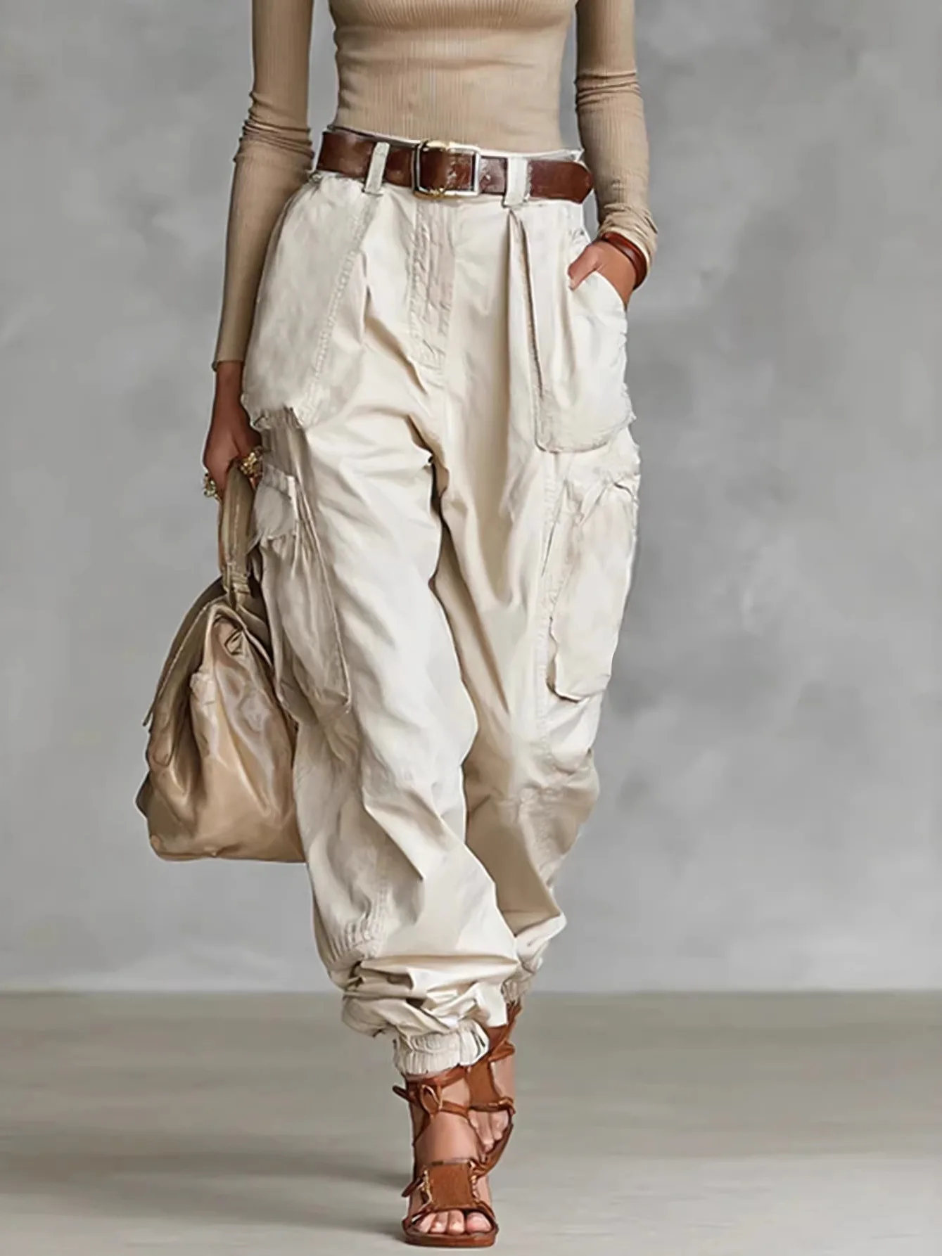 High Waist Pure Color Multi Pocket Work Trousers Women's Casual Pants Wide Leg Polyester Fiber Splicing Summer New Arrival