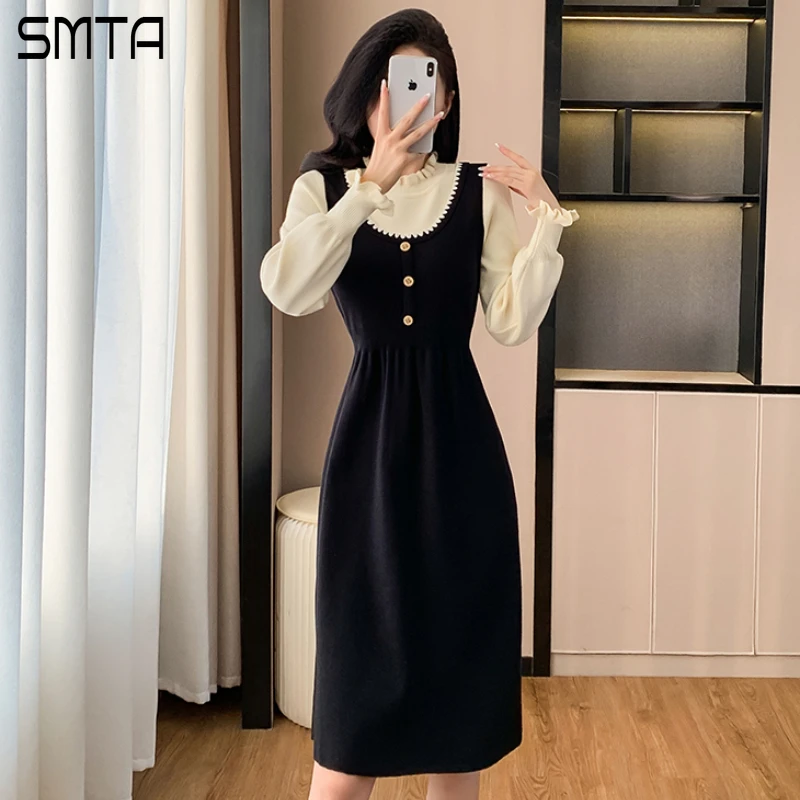 

Vintage Winter 2024 Long Sleeve Button Patchwork Fake Two Pieces Clothing Knitted Midi Dresses for Women Elegant Bodycon Dress