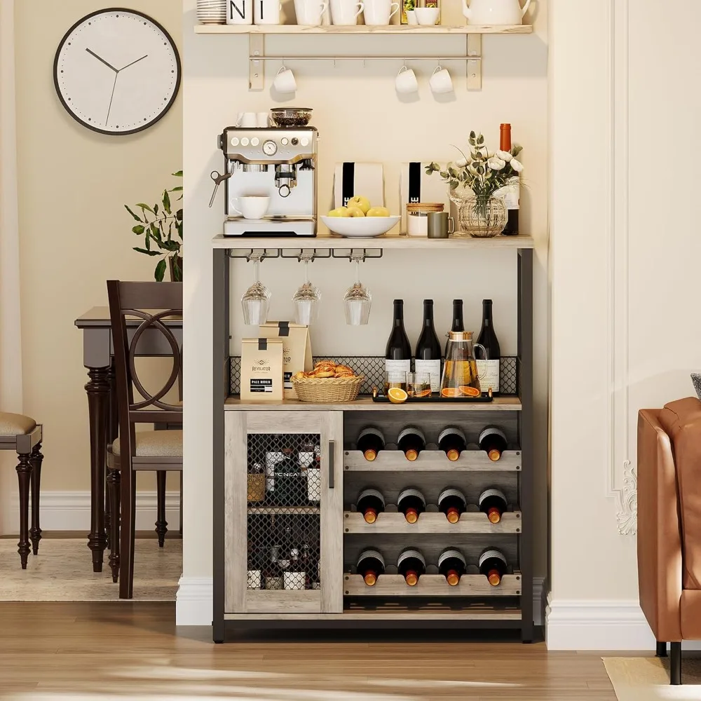 

Coffee Bar Cabinet, Wine Bar Rack Cabinet with Detachable Wine Rack, Liquor Cabinets with Mesh Door, 36 in Tall, for Kitchen,