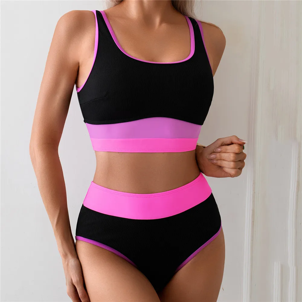 สีดําสีชมพู Patchwork Ribbed ชุดว่ายน้ํา Bandeau บิกินี่เอวสูงกีฬาชุดว่ายน้ําเซ็กซี่ผู้หญิงชุดว่ายน้ําชุดบิกินี่ De Mujer