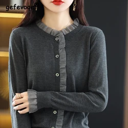 Women's Korean Mesh Lace Patchwork Elegant Chic Button Knitted Sweater Spring Autumn Casual Loose Basic Ladies Knitwear Clothing