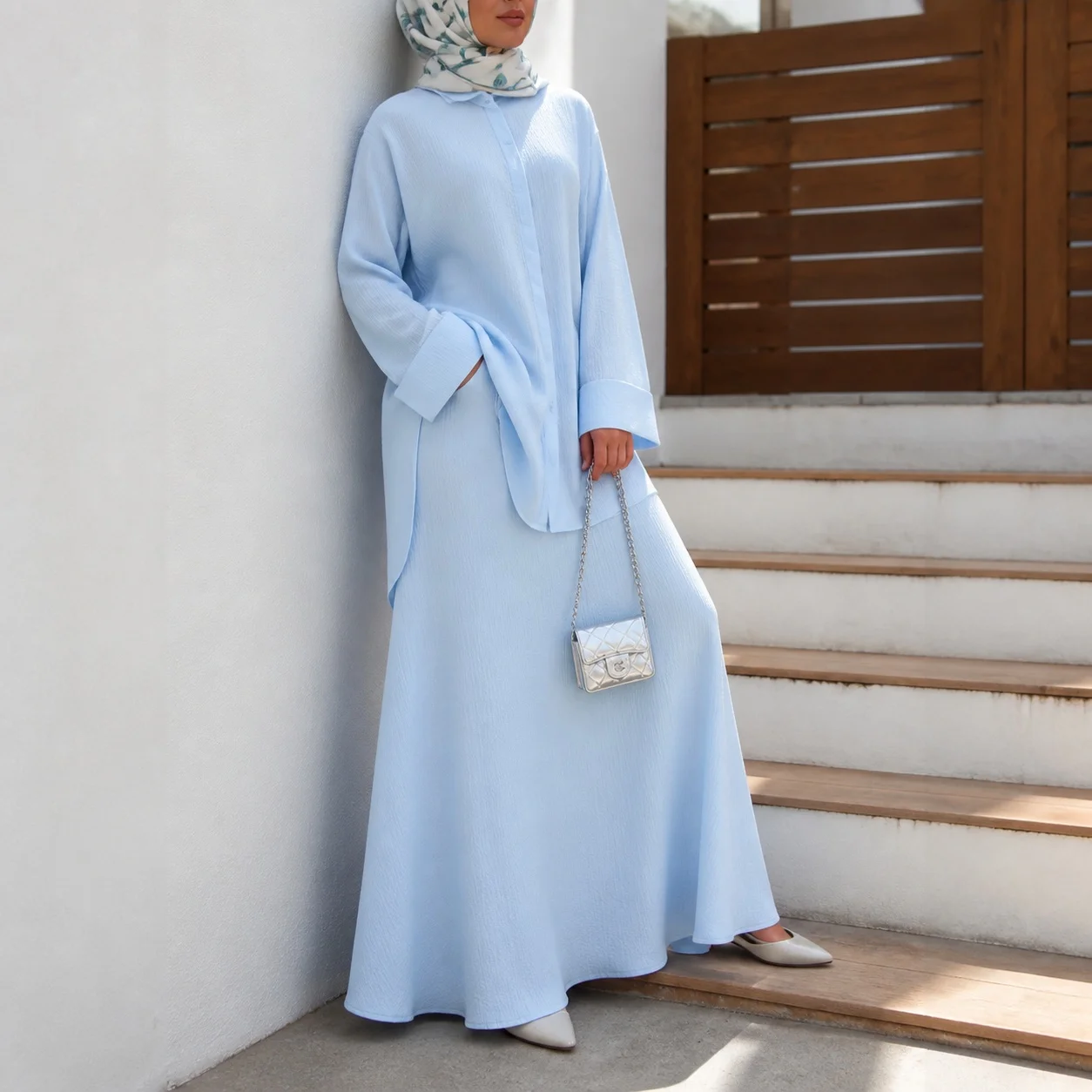 Muslim Dress with Flared Sleeves Solid Color Button Cotton Blend Wrinkle Resistant Elegant Turkish Two Piece Set Hijabis Outfit
