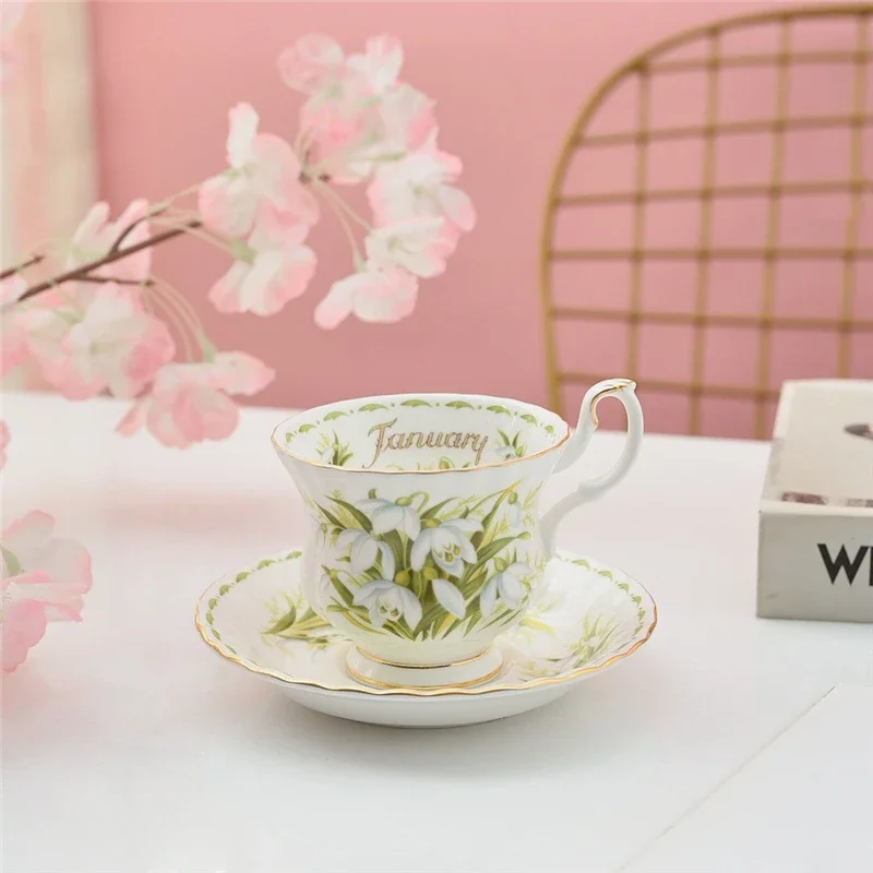 Coffee Cup and Saucer Set Month Flower Mug Bone China Drinking Set Ceramic Cup and Saucer Home Teacup Dessert Saucer Gifts