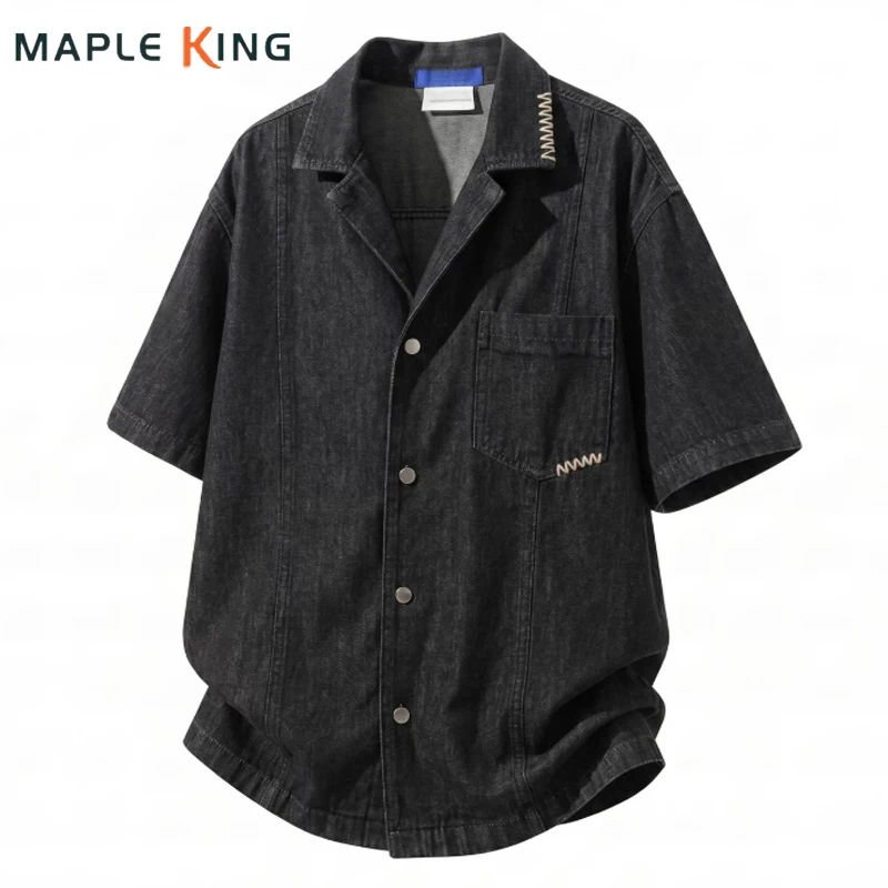 Vintage Black Washed Denim Shirt for Men Camisas Streetwear 2026 Summer Stitching Decoration Designer Man Cowboy Jeans Shirts