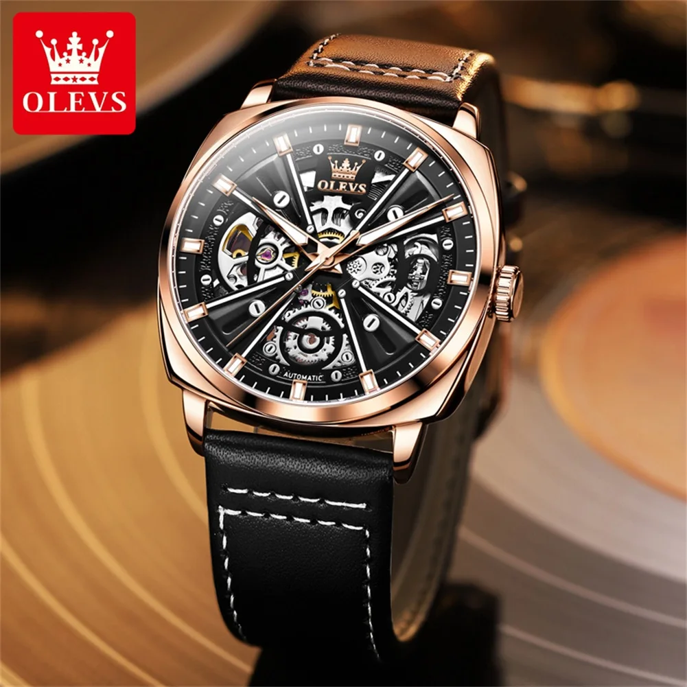 OLEVS 6685 Hollow out Mechanical Men Automatic Watch Leather Top Brand Stainless Steel Waterproof Luminous Men Formal Watch Relo