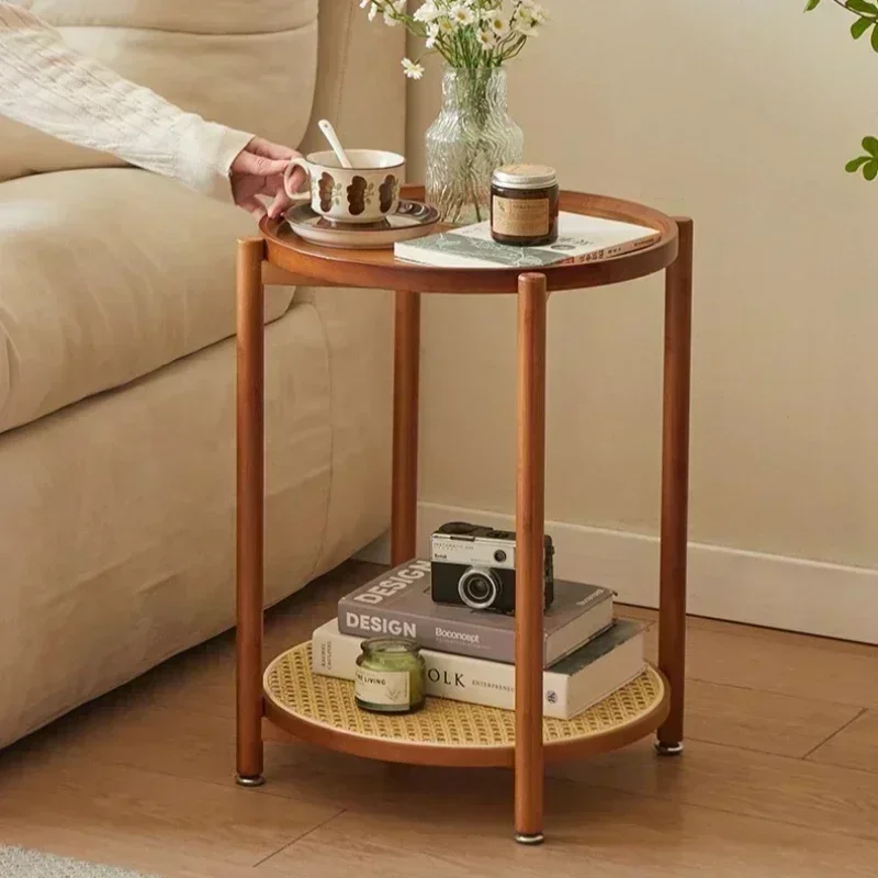 New Model Rattan Coffee Table Bedroom Bedside Small Round Table Living Room Sofa Side Few Simple Solid Wood Tea Table Rack