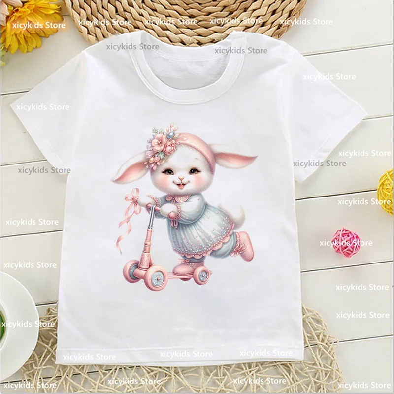 

Cute Watercolor Flowers, Rabbit Riding Scooter Animal Print Tshirt For Girls Fashiona Summer O-Neck Short Sleeved Kids T-Shirts