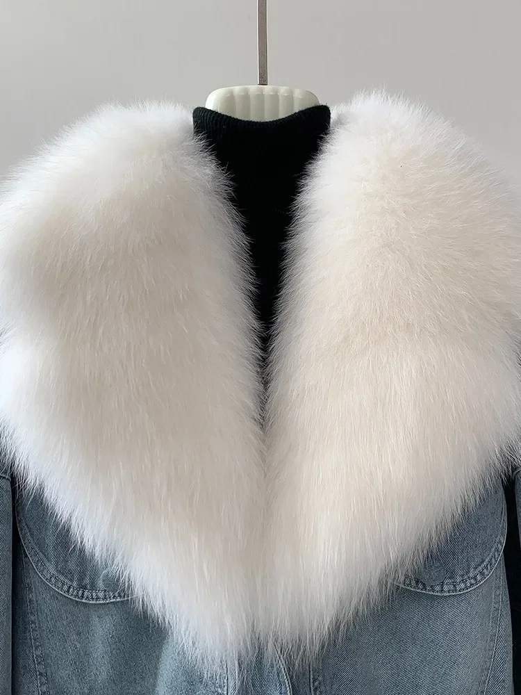 New Denim Fur Jacket,  White Fox Lapel Goose Down Jacket