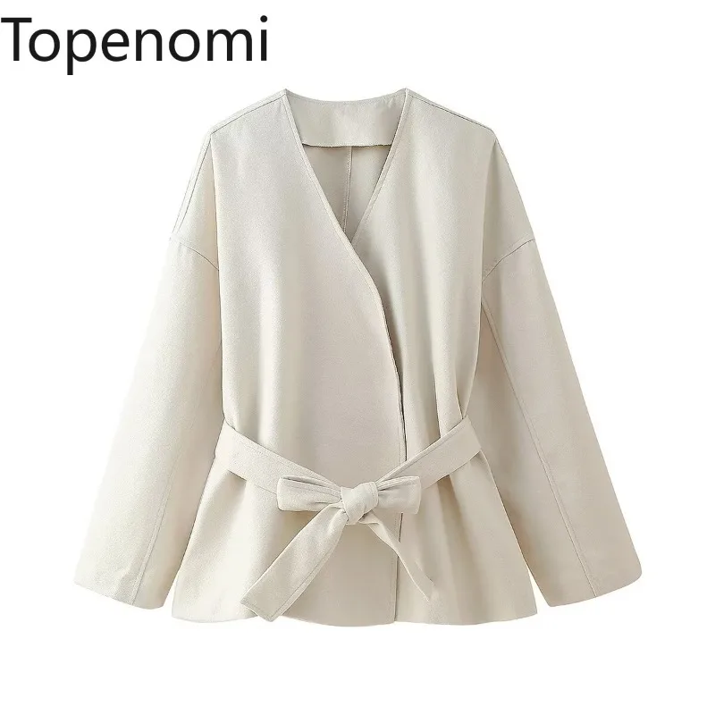 Topenomi Bow Lace Up Jacket Coat Women V Neck Belt Long Sleeve Solid Slim Lady Tops 2024 Autumn Winter Elegant Fashion Outerwear