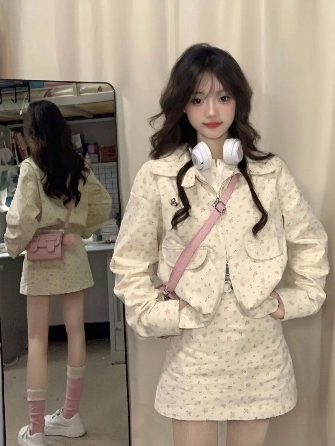 

Floral New Fashionable High-end Designed Korean Style Atmosphere Top Jacket + Short Skirt 2 Piece Sets Women's Outfits