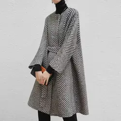 Women Black and White Zigzag Woolen Coat With Sashes Korean Trendy Loose Fitting Elegant A-Line Outerwear Female Spring Stylish