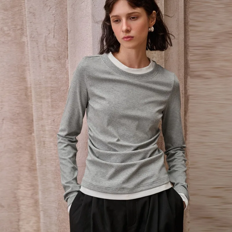 

New Slimming Fit Women's T-shirt Knitted Cotton Round neck Long Sleeve Patchwork Spring Autumn Casual Female Basic Gray Tops