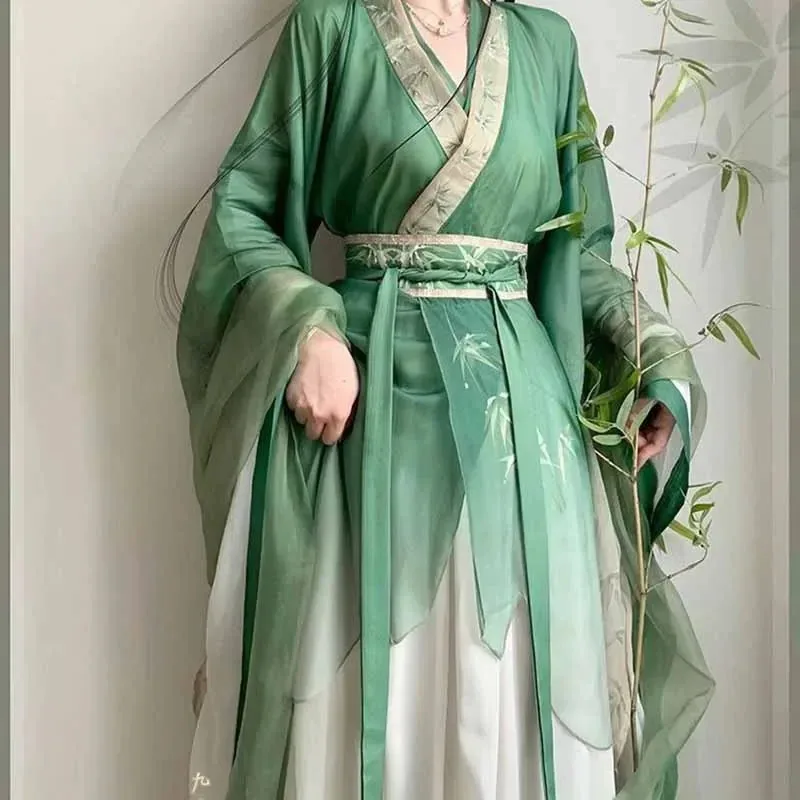 

Chinese Dress Costume Women Carnival Cosplay Party Outfit Ancient Traditional Vintage Summer Bamboo Green&White Hanfux,5;d'2.y;8