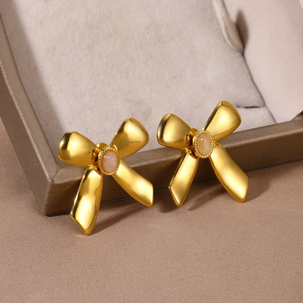 2024 Classic Bow Bowknot Women Stud Earrings Stainless Steel Ladies Earings Mother Grandmother Vintage Christmas Gift Jewelry