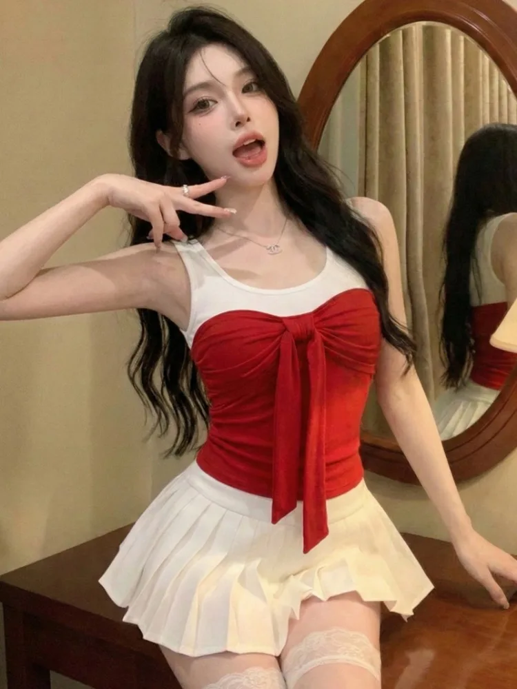 

Summer Casual Vacation Style Sleeveless Vest Women's High Waist Pleated Skirt Two-Piece Set with Chest Pad Knot