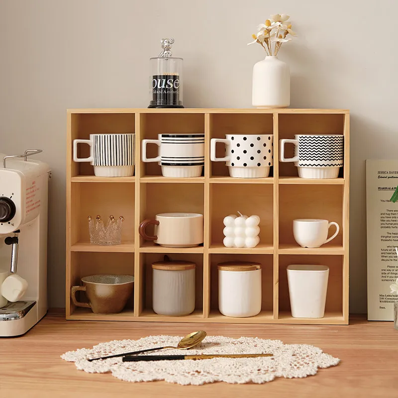 Desktop solid wood zodiac grid storage box tea set water cup shelf wall ornament blind box storage rack wall mounted