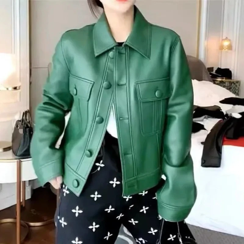 Women's Jacket 2025 Spring Autumn Sheepskin Outwear Casual  Loose Slim Top Lapels Single Breasted  Spliced Female Short Overcoat