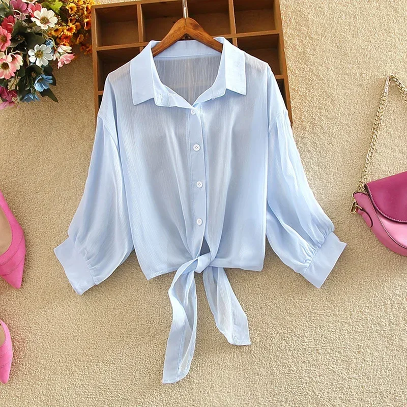 Spring Summer New Half Sleeve Button Up Shirt Chiffon Shirts Women Loose Casual Blouse Tied Waist Elegant Blouses for Women 9776