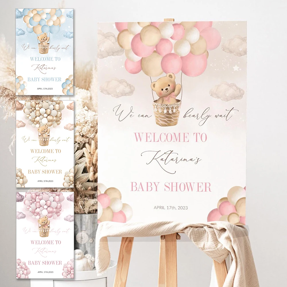 

Custom Personalized Teddy Bear Balloon Baby Shower Welcome Sign Poster Wall Art Print Kids Birthday Party Decor Canvas Painting