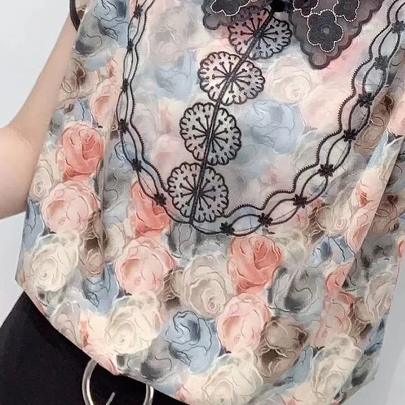 2023 Summer New Turn-down Collar Short Sleeve Vintage Elegant Printing Chiffon Shirt Women High Street Y2K All-match Pullovers