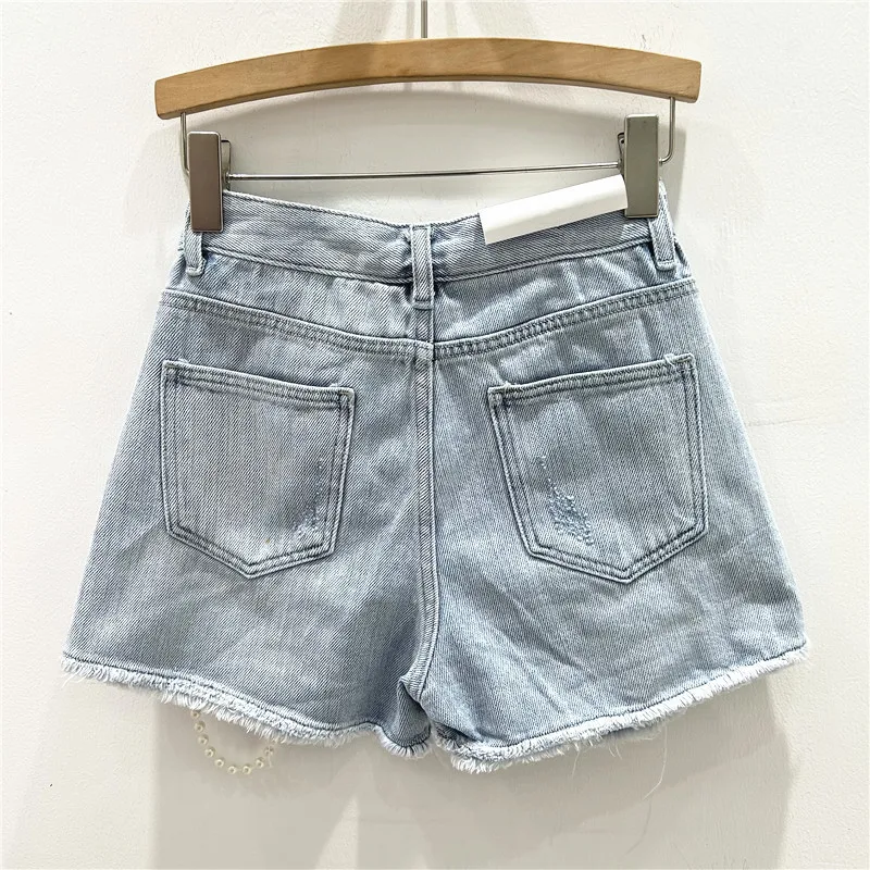 ダメージ加工デニムショートパンツ ウォッシュドジーンズ ハイウエスト チェーン スプライス カジュアル ポケット ルーズ ストリートウェア 夏 2025