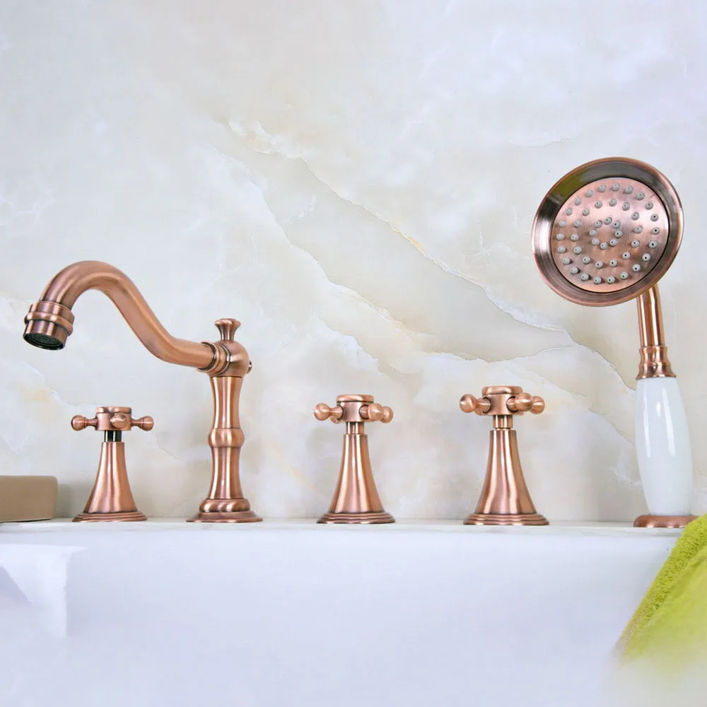 Antique Red Copper Bathtub Faucet Set with Handheld Shower Deck Mounted Roman Tub 5 Holes Hot and Cold Water Mixer Tap Ltf217