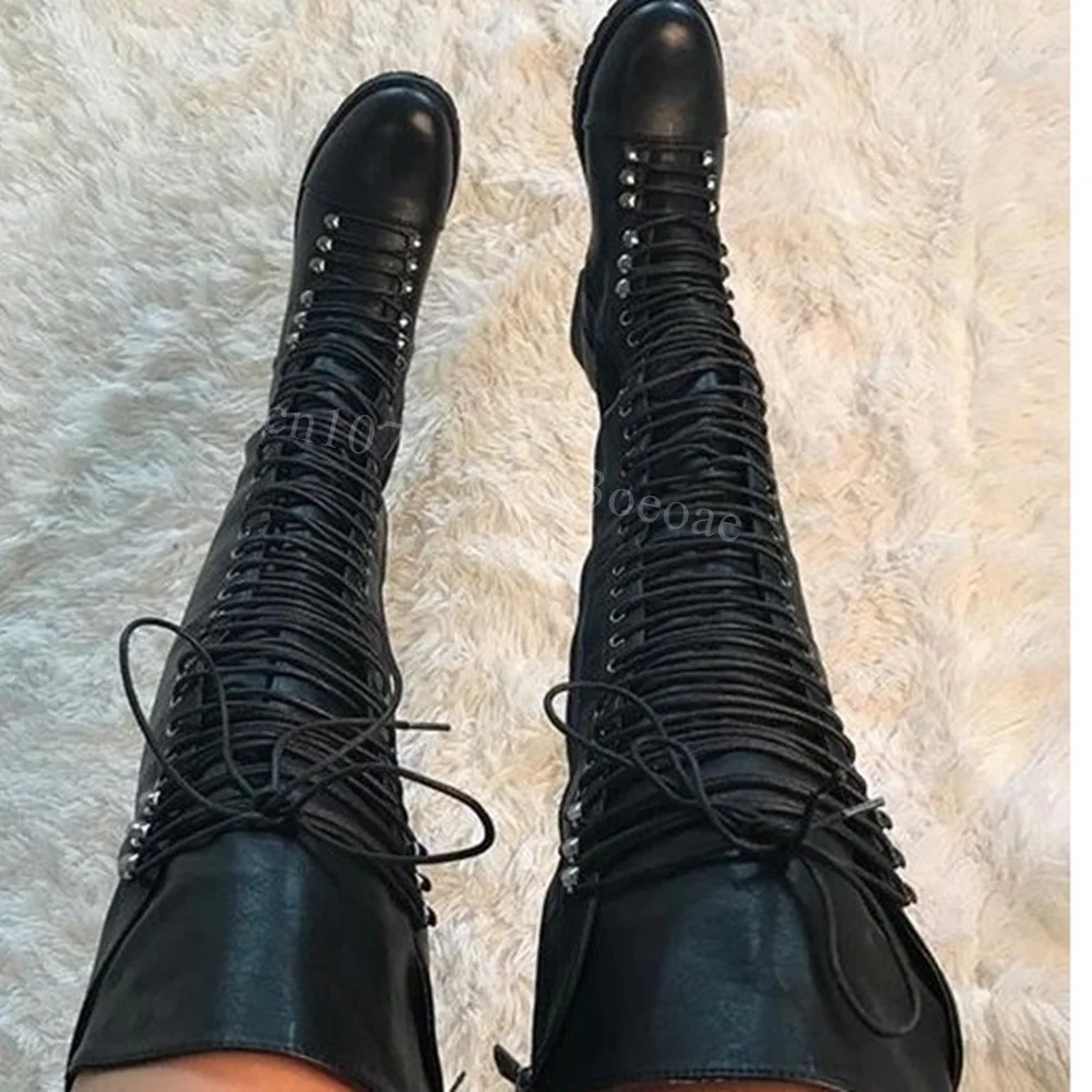 Cross Tied Biker Boots Sexy Flat Boots Matte Leather Shoes for Women over the Knee Fashionable Shoes 2024 Zapatos Para Mujere