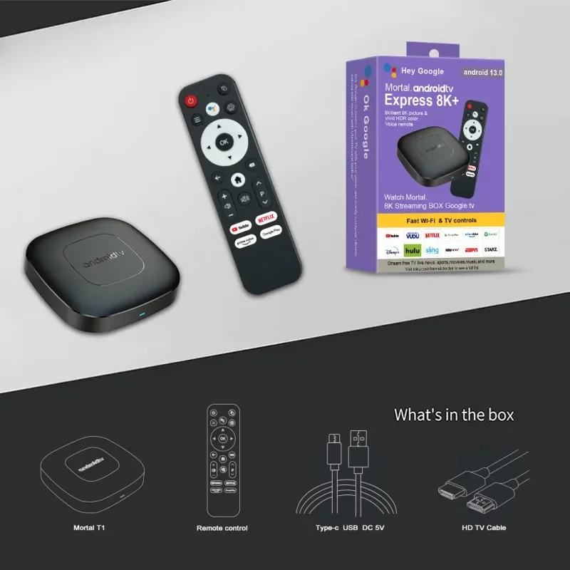 Smart TV Box with Android 13, Allwinner H313, Dual WiFi, BT5.0, Google Assistant, 8K, HDR10 +, Google, YouTube, NETFLIX