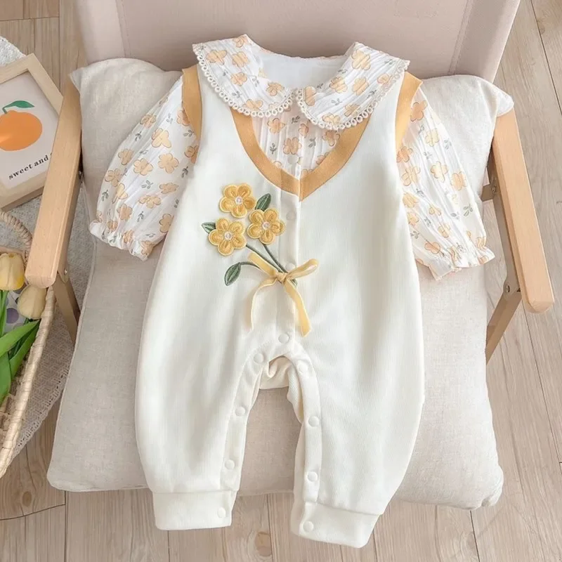 2024 Sweet 3D Flowers Cotton Lining Overalls Baby Girls Rompers Jumpsuits Spring Autumn Bodysuit Soft Kids Birthday Clothes