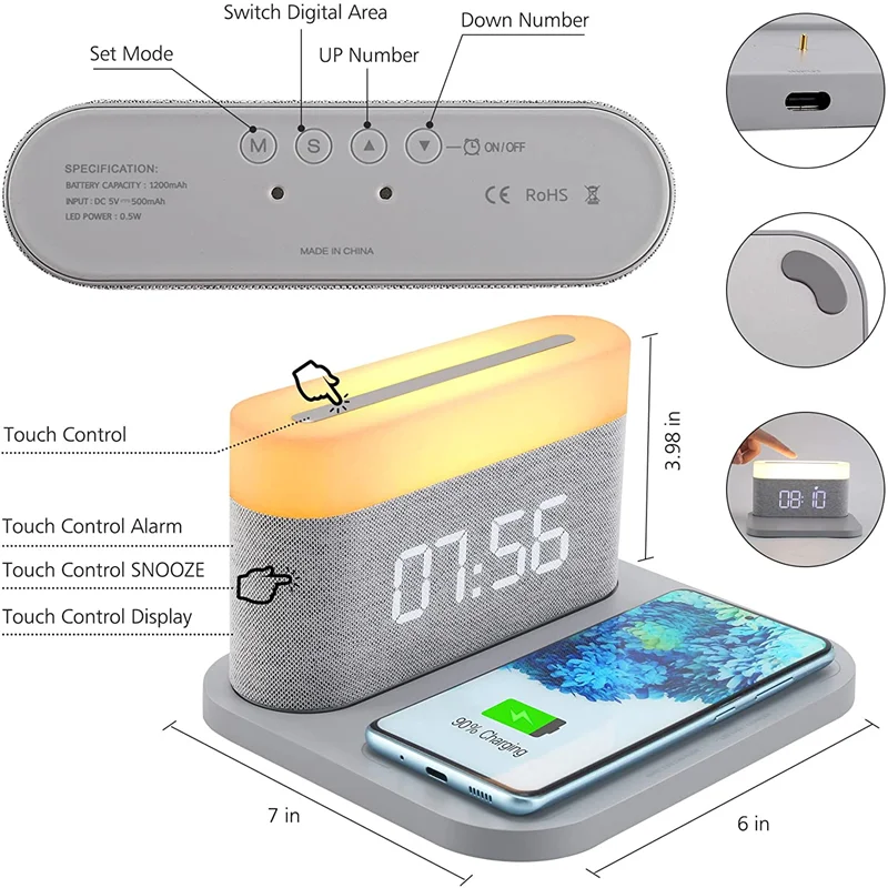 COLSUR LED Adjustable Night Light 15W Wireless Charge with Digital Alarm Clock Touch Bedside Lamp  Brightness Bedroom