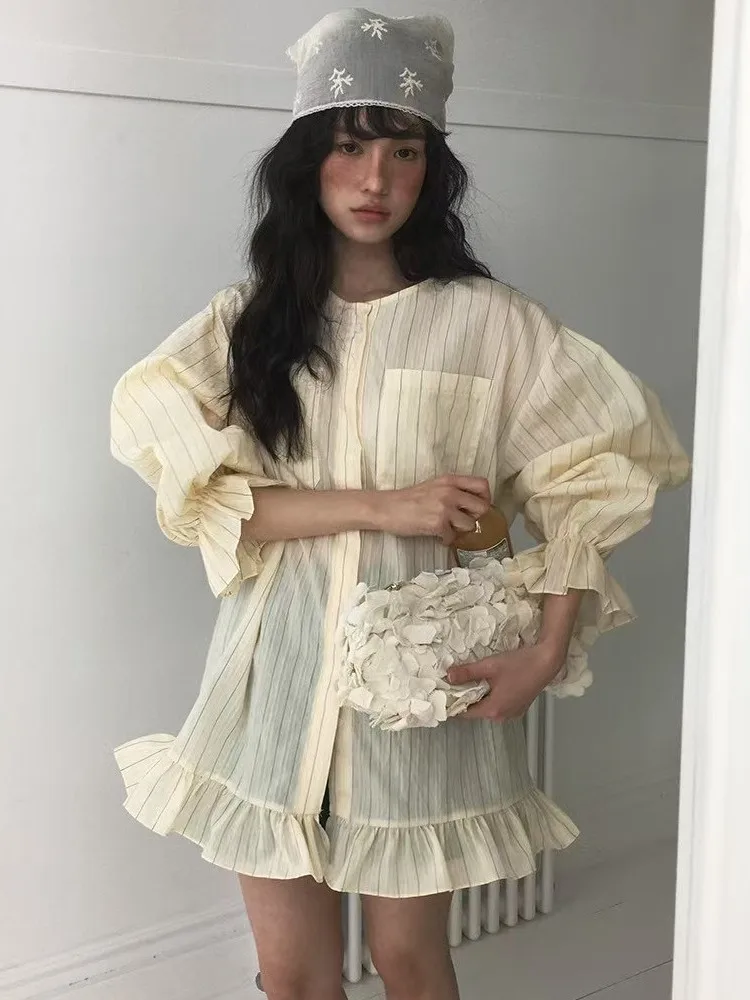 

Эксклюзивный дизайн Long Sve Loose irt Striped Patchwork Wooden Ear Large ket Commute Sle Women's Premium Faion