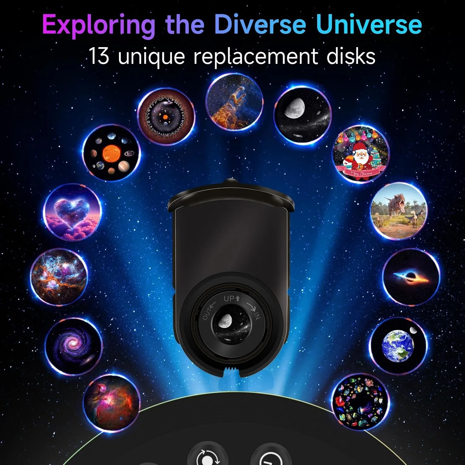 4K Galaxy Projection Lamp, 13 Interchangeable Slides (Space/Dino/Xmas), RGB Mood Light, Timer 1-4H, for Party Home Cinema Gift