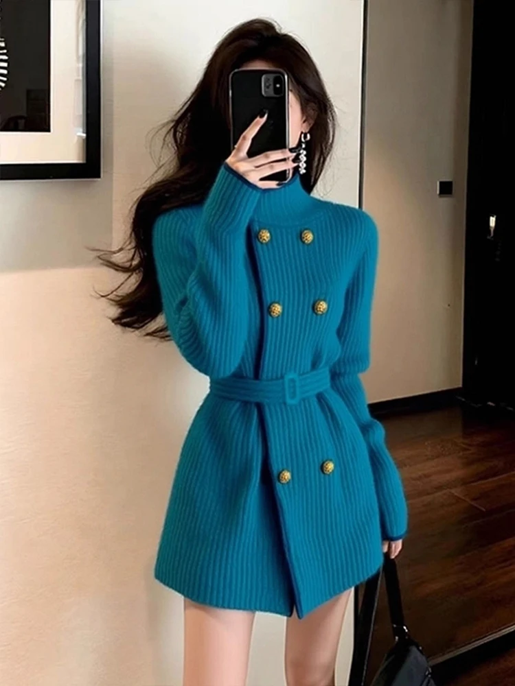 Blue Knitted Long Sleeve Coat for Women with Belt Waist Cinching Double Breasted Cardigan Light Maturity Style Online Exclusive