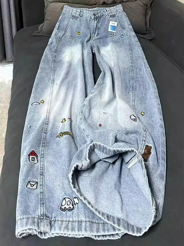

Large Size Embroidered Cartoon Knife Wide Leg Denim Jeans Women's Unique Design American Retro Style Autumn Pants