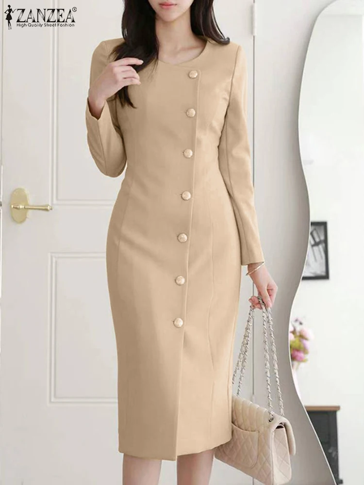 2023 ZANZEA Women Fashion Blazer Sundress Elegant Long Sleeve Office Work Dress Autumn Slim Fit Bodycorn Midi Vestido Robe Femme