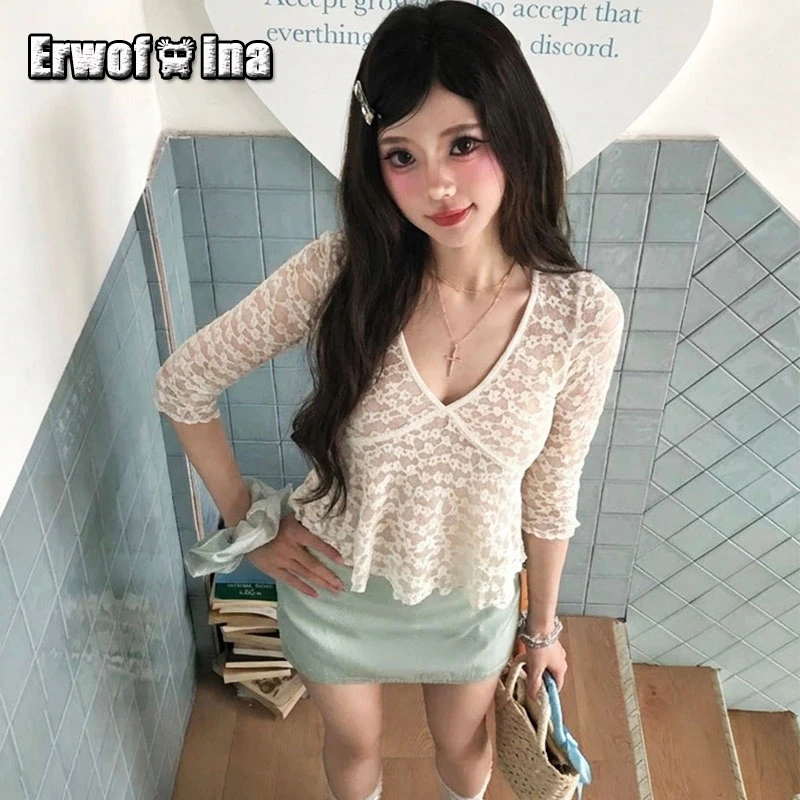 Erwofeina Sweet V-neck Lace Women's T-shirt Three Quarter Sleeve Korean Fashion Tees Female Clothing 2000s Clothes Y2k Chic Tops