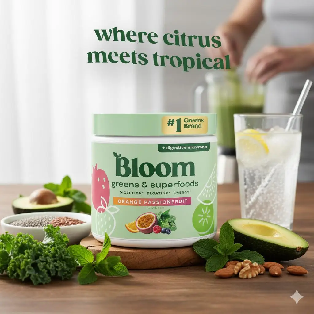 بلوم جرينز آند سوبر فودز نكهة فاكهة البرتقال إنزيمات الجهاز الهضمي تدعم الهضم والانتفاخ والخضر للطاقة للعافية