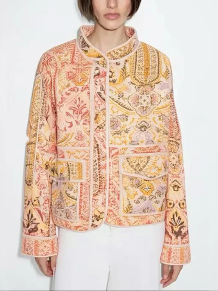 

European and American autumn and winter new women's loose versatile stand-up collar positioning printed cotton coat