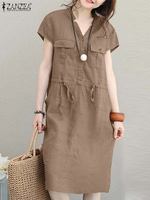 Summer Fashion Short Sleeve Dress ZANZEA Women Casual Drawstring Waist Vestidos Knee-length Robe Femme Elegant OL Work Sundress