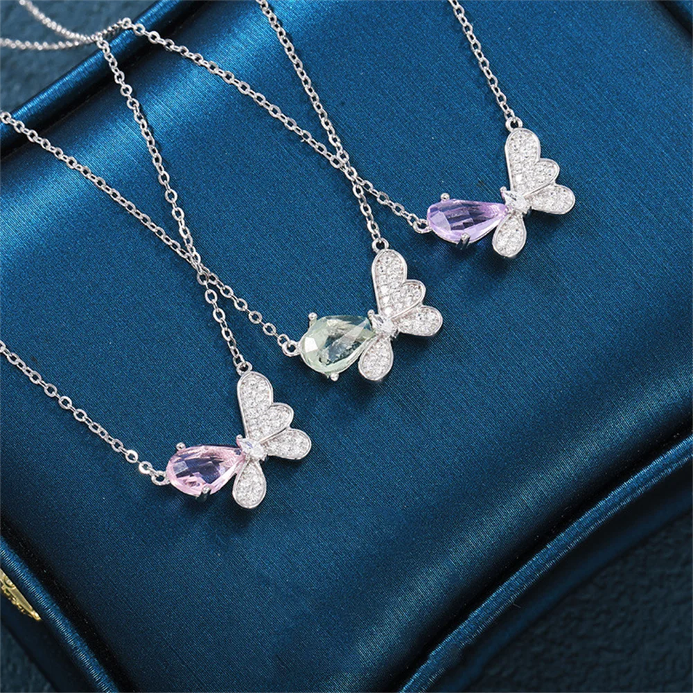 

S925 Silver High-End Collar Women, Shiny Double Flying Butterflies, Pink Butterfly Pendant, Niche Design Necklace