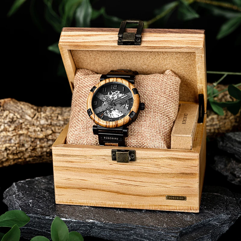 BOBO BIRD 45mm Men Watch Wooden Luxury Skeleton Automatic Mechanical Wristwatch Business Stainless Steel Wrist Watch X Series